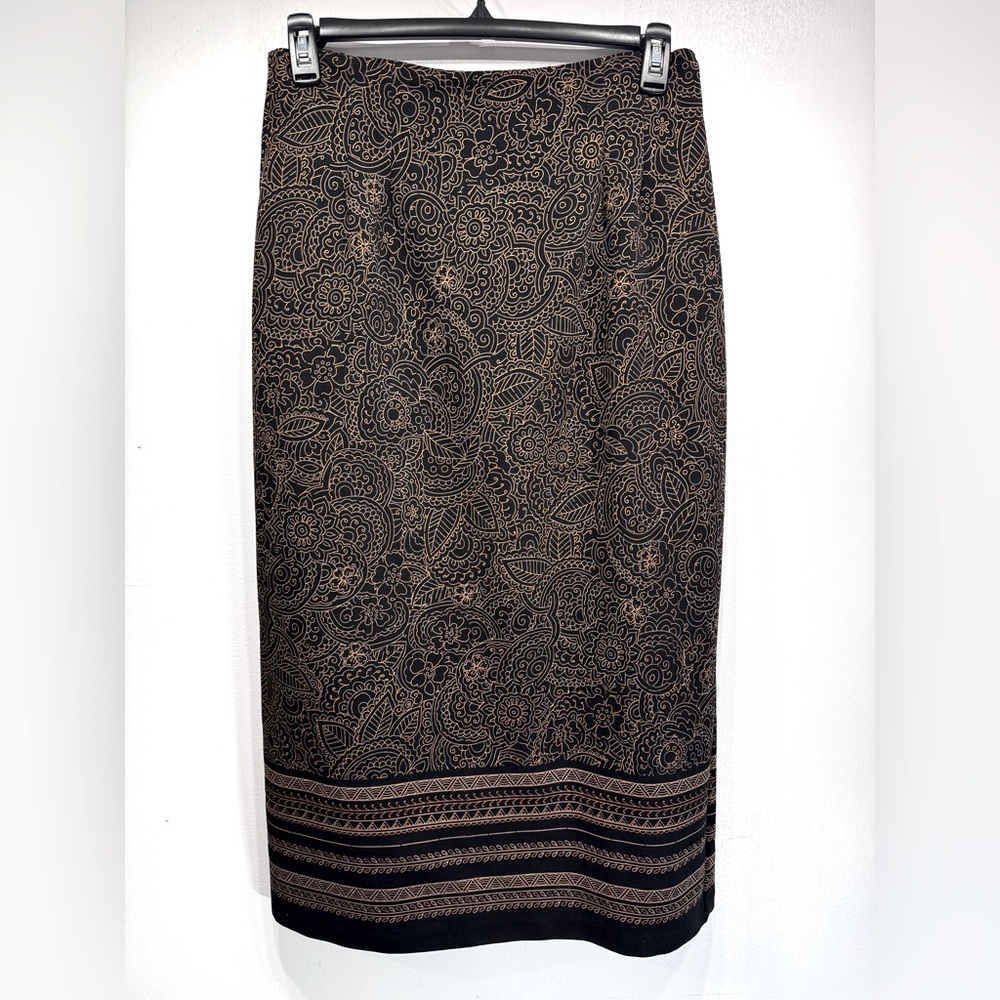 Vintage 90s Skirt Long Straight Black with Brown Boho Mandala Flowers Briggs NY